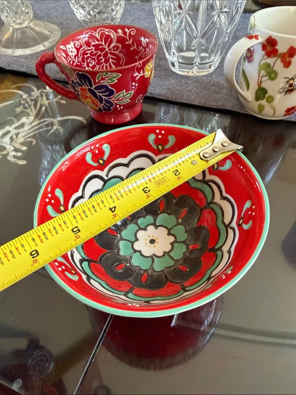 Anthropologie Red and Mint Hand-Painted Ceramic Serving Bowl